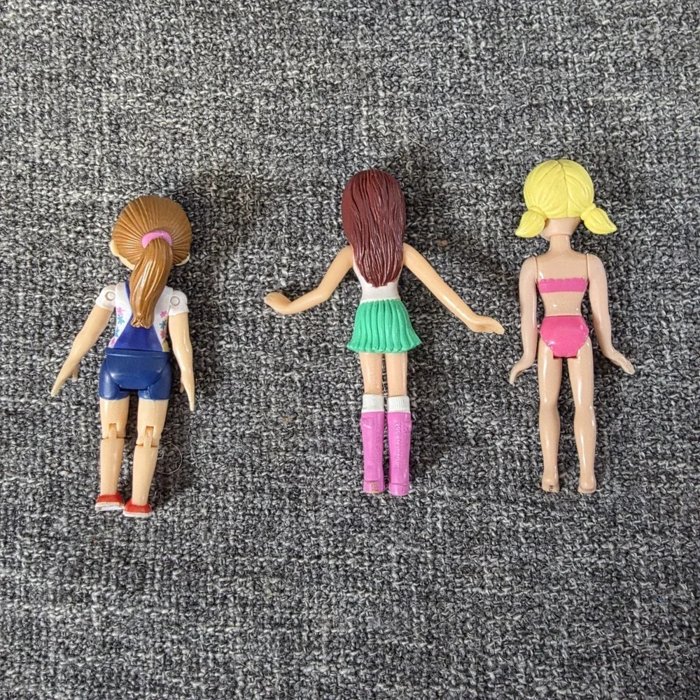 Polly Pocket Doll Lot of 3 Small Figures Overalls Skirt Bikini Blonde Brunette
